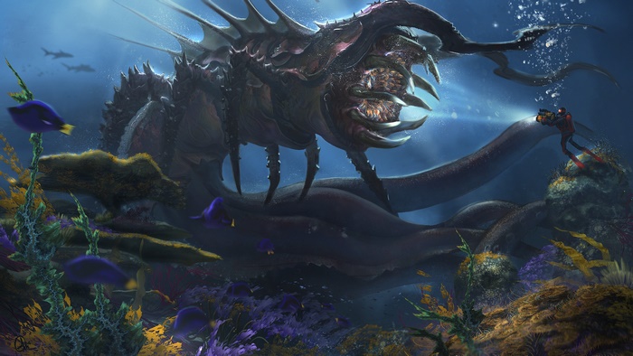 Underwater scene with a giant sea monster and a diver