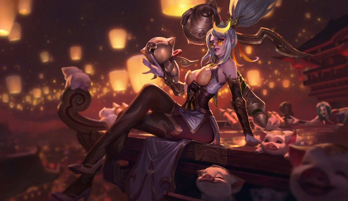 Vayne from League of Legends with pigs and lanterns
