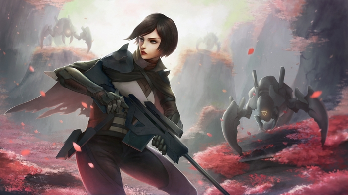 Woman warrior with rifle and robots in a forest
