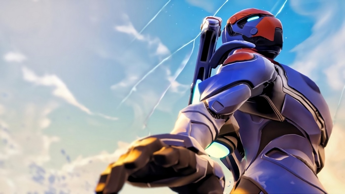 Fortnite character in blue and orange armor