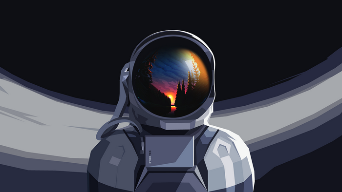 Astronaut with sunset reflection in helmet