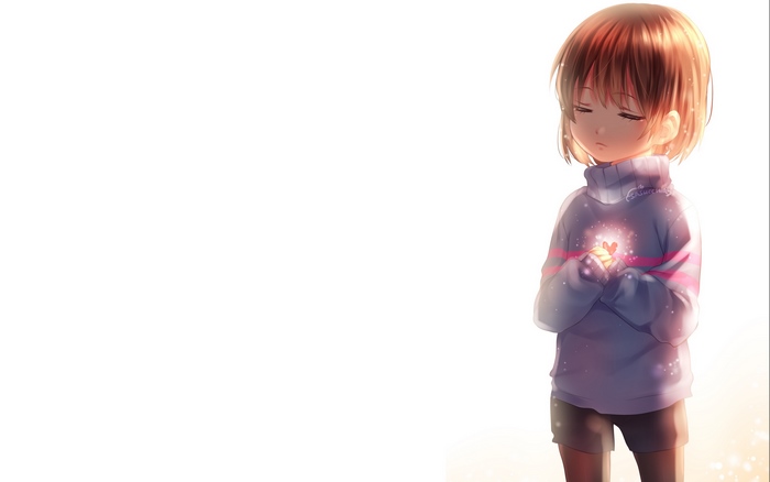 Frisk from Undertale holding a glowing heart