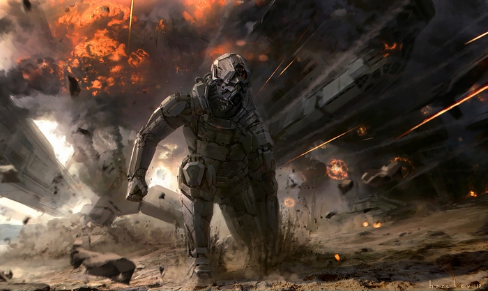 Sci-fi warrior in a battlefield explosion