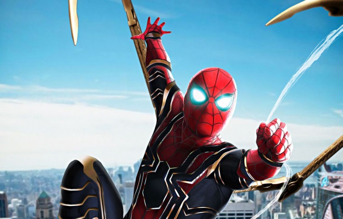 Spider-Man in Iron Spider Suit Swinging in City
