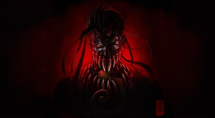 Creepy monster with sharp teeth and glowing eyes