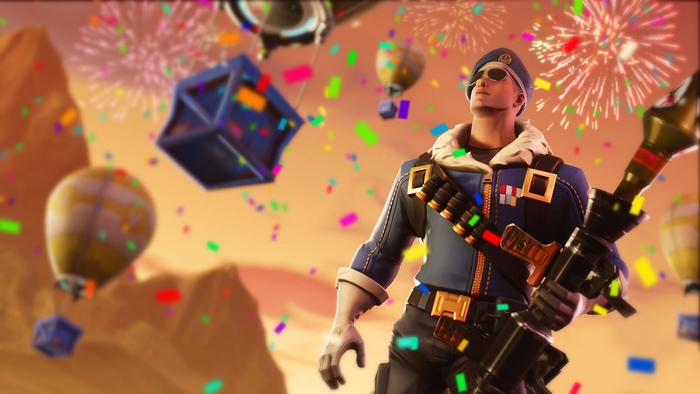 Fortnite character with balloons and fireworks