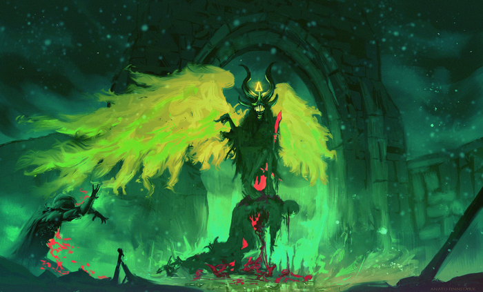 Demonic creature with wings in a ruined structure
