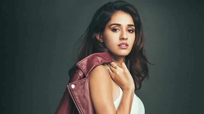 Disha Patani in a maroon leather jacket