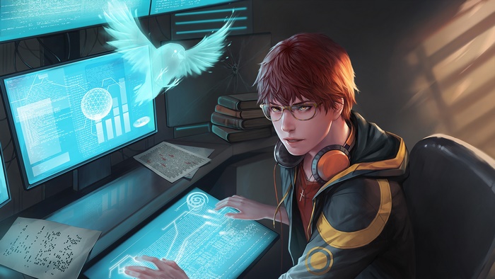 707 from Mystic Messenger in a dark room with monitors