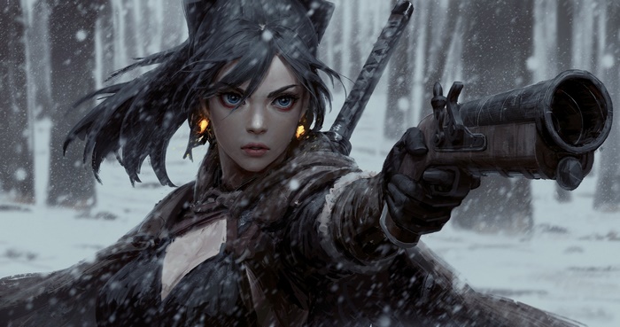 Woman warrior with flintlock pistol in snowfall