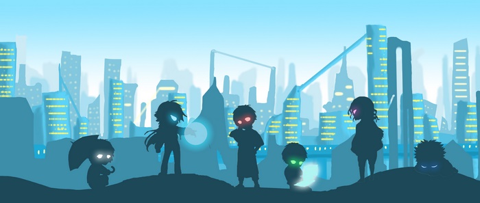 Characters from DRAMAtical Murder in a futuristic city