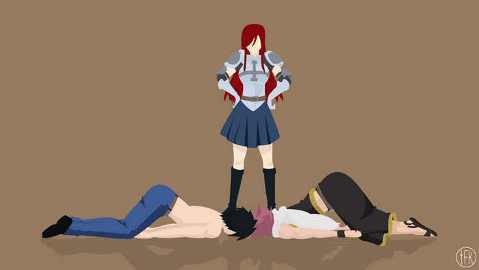 Erza Scarlet stands over Gray Fullbuster and Natsu Dragneel
