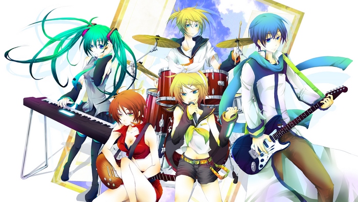 Vocaloid band with Hatsune Miku, Rin, Len, Kaito, and Meiko