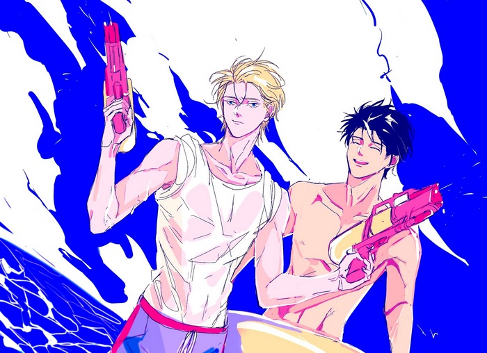 Ash Lynx and Eiji Okumura from Banana Fish with water guns