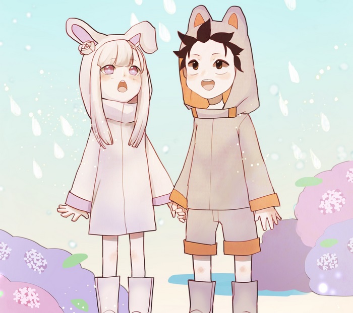 Emilia and Subaru from Re:ZERO in animal costumes