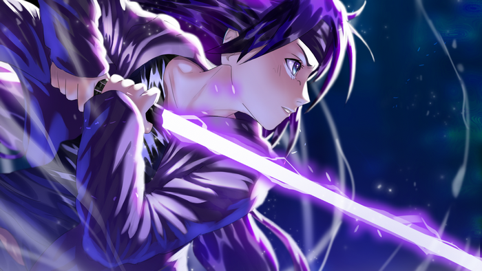 Girl with Glowing Purple Sword in Night Sky