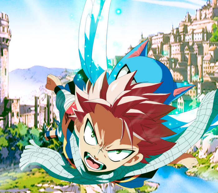 Natsu Dragneel and Happy from Fairy Tail flying over a city