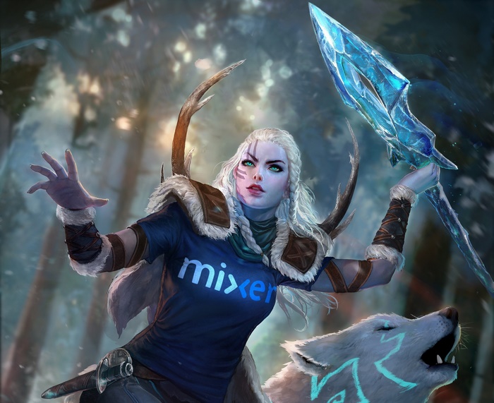 Skadi from Smite with wolf and spear