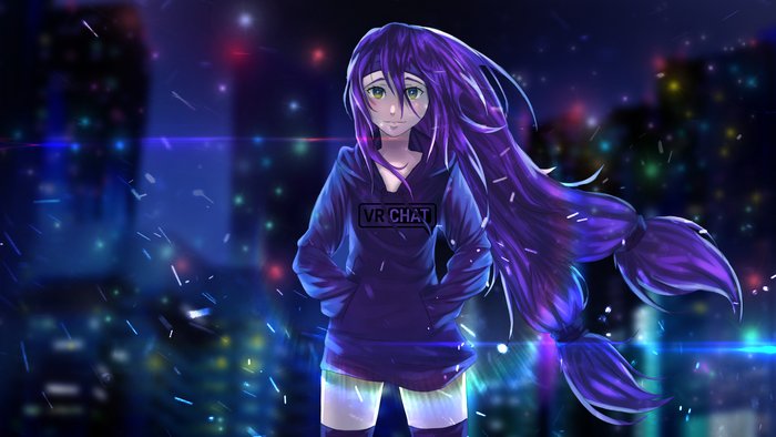 Girl with purple hair and yellow eyes in VR Chat hoodie