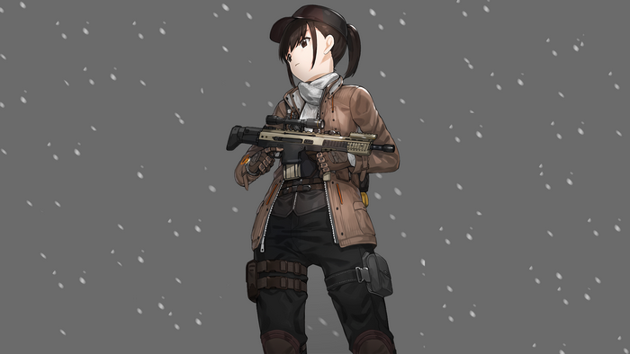 Anime girl with black hair holding a rifle