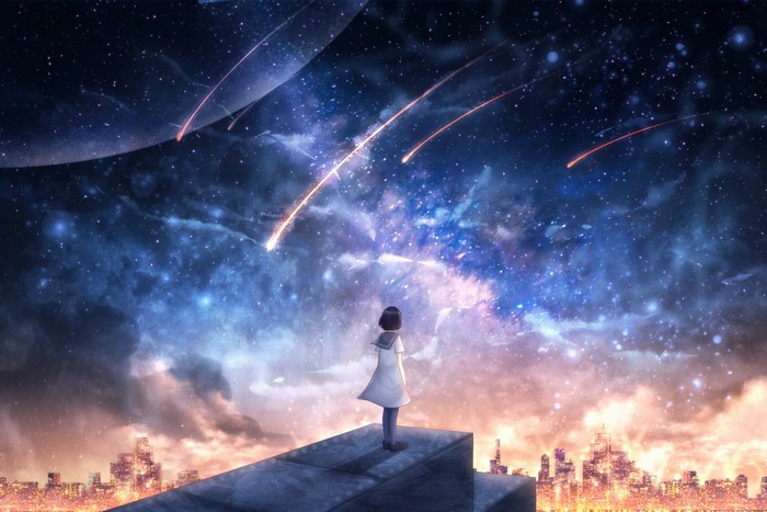 Girl watching shooting stars over city