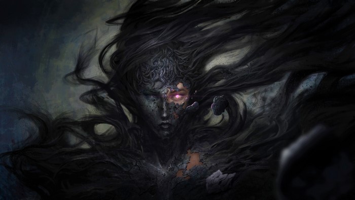 Dark creature with glowing eye and cracked face