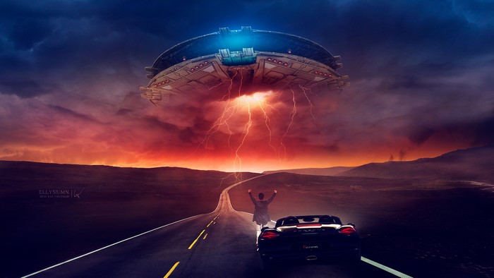Spaceship over a road with a person and car