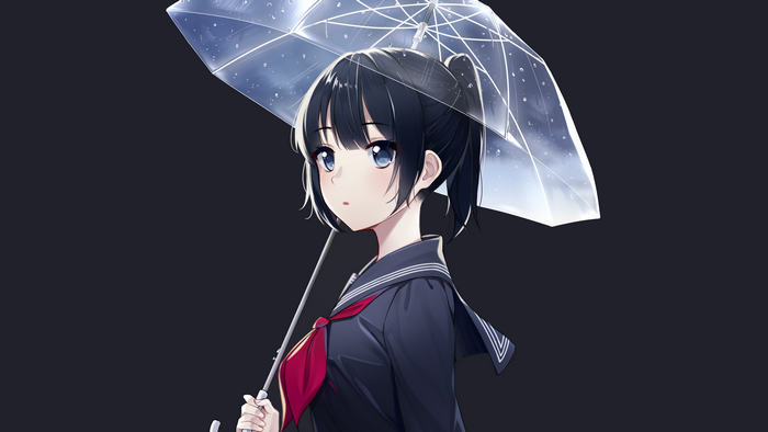 Anime girl with black hair and blue eyes holding an umbrella