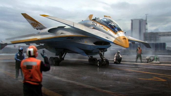 Futuristic aircraft on a runway with ground crew