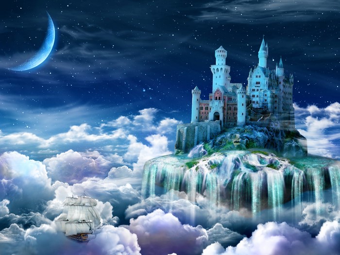 Fantasy Castle on Floating Waterfall Under Moonlit Sky