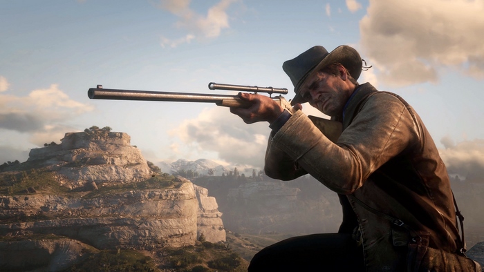 Arthur Morgan from Red Dead Redemption 2 aiming a rifle