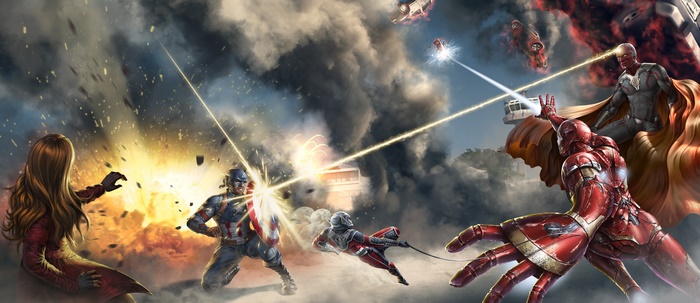 Captain America, Iron Man, Vision, Scarlet Witch, Ant-Man in battle