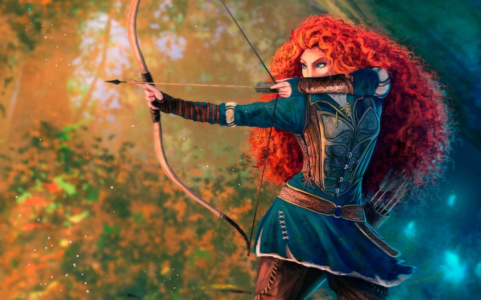 Merida from Brave aiming a bow and arrow