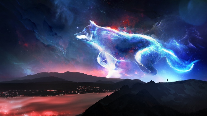 Cosmic Wolf Spirit Overlooking a Cityscape at Night
