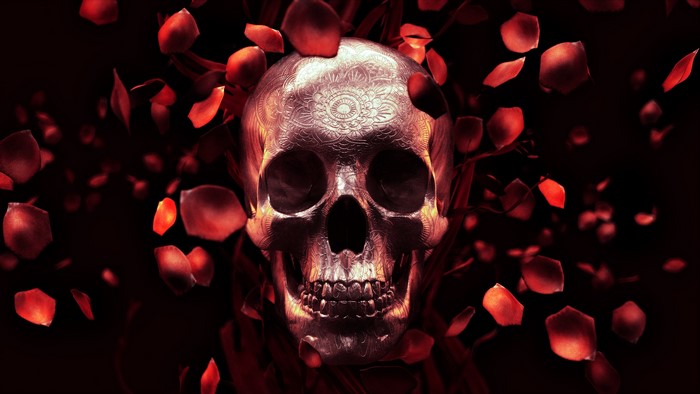 Ornate Skull Surrounded by Red Rose Petals