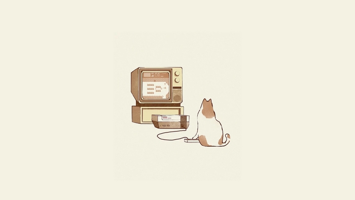 Cat watching an old computer and game console