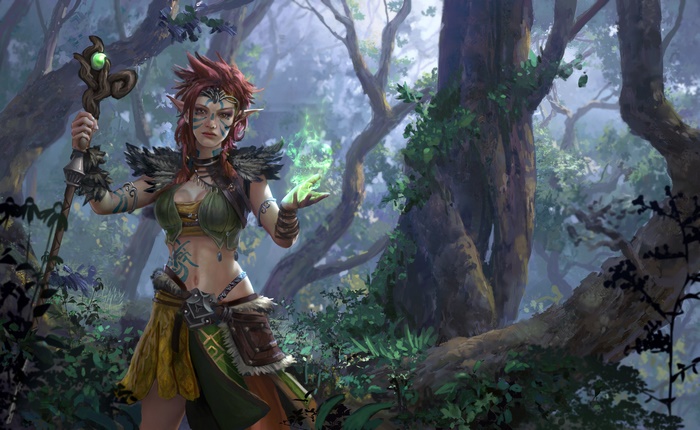 Elf sorceress with red hair holding a staff in a forest