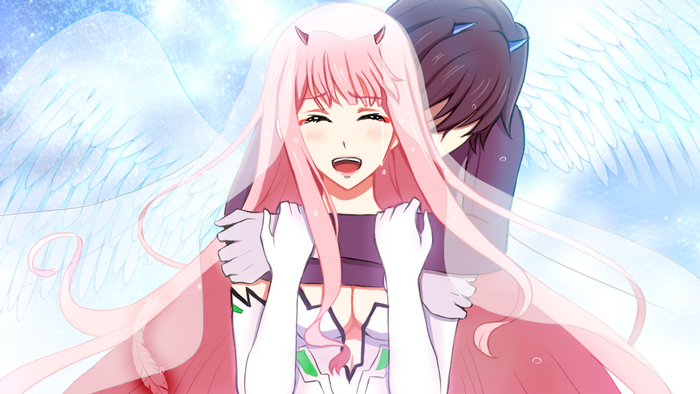 Zero Two and Hiro Embrace with Angel Wings