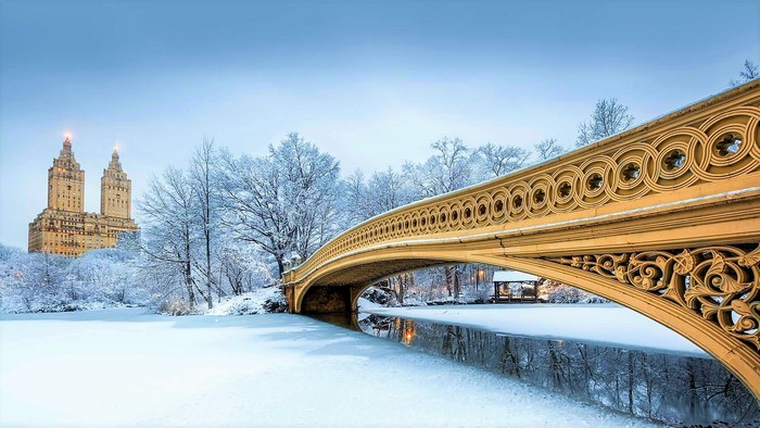 Bow Bridge in Central Park, New York City during winter