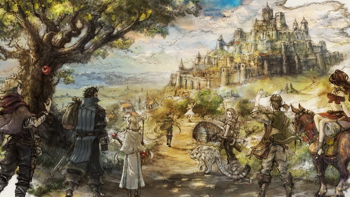 Characters from Octopath Traveler near a castle town