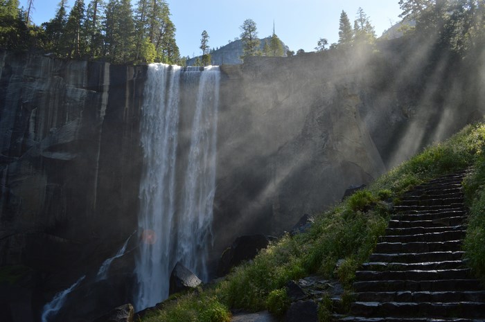 Waterfall and stone stairs in Yosemite National Park