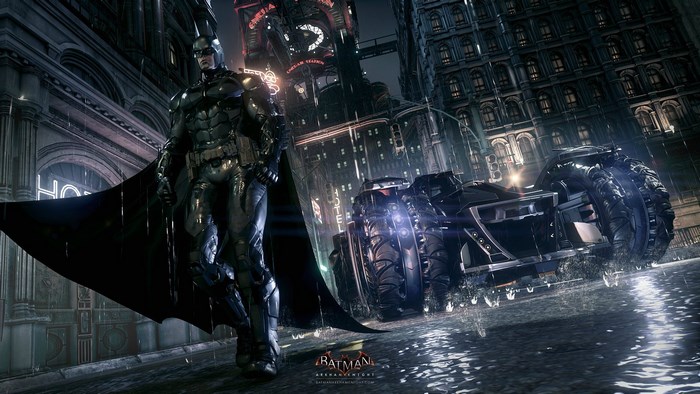 Batman Standing Next to Batmobile in Gotham City