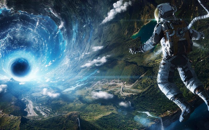 Astronaut Near a Cosmic Space Vortex