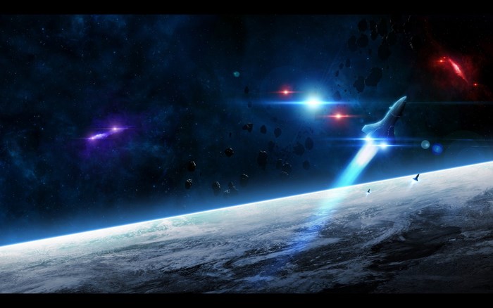 Spaceship over planet with nebula and asteroids