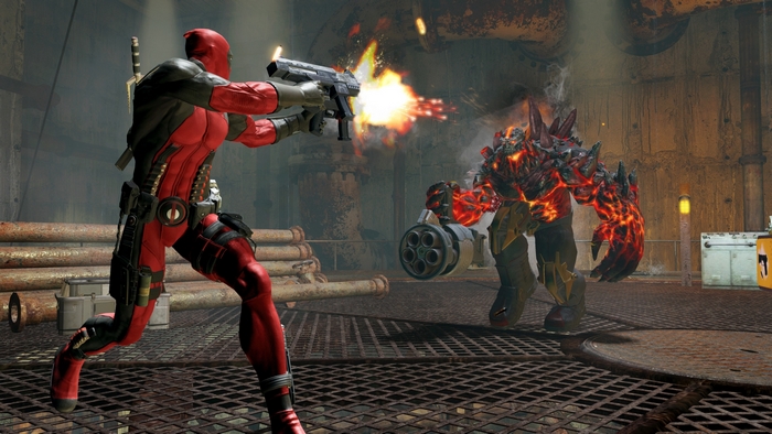 Deadpool fighting a lava monster