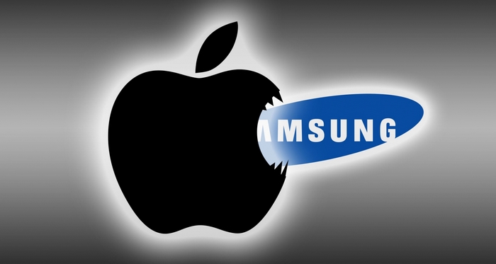 Apple logo being bitten by Samsung logo