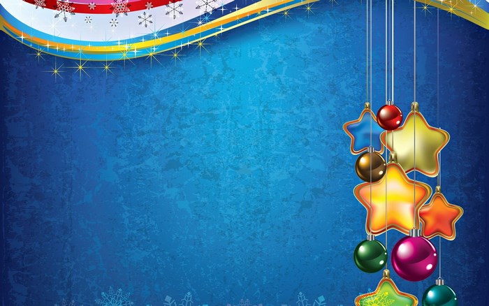 Christmas Ornaments and Snowflakes on Blue Background