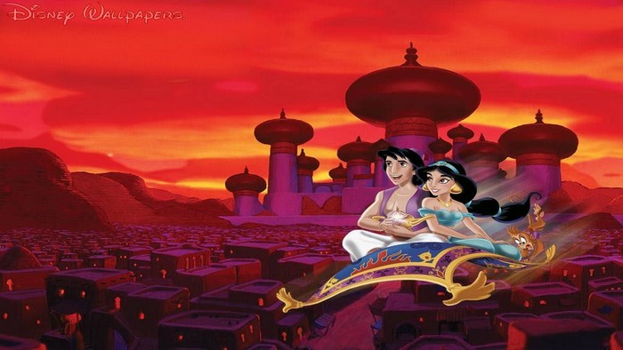 Aladdin and Jasmine flying on a magic carpet
