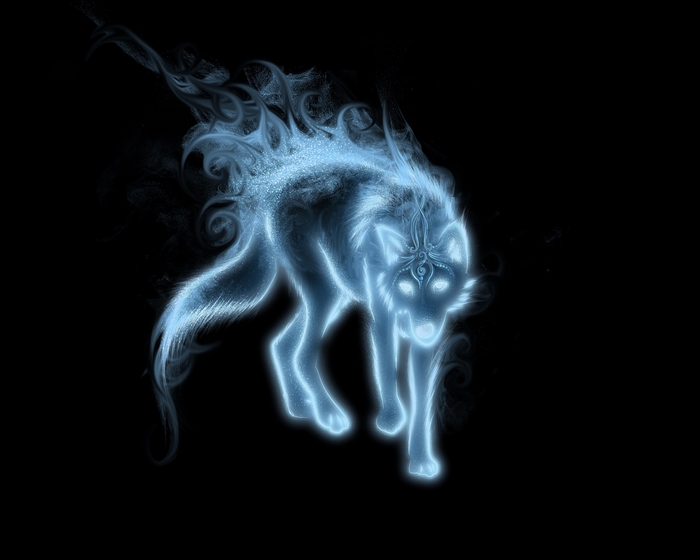 Ethereal Glowing Blue Wolf with Mystic Patterns