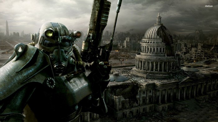 Fallout 3 Power Armor Soldier overlooking ruined Capitol Building